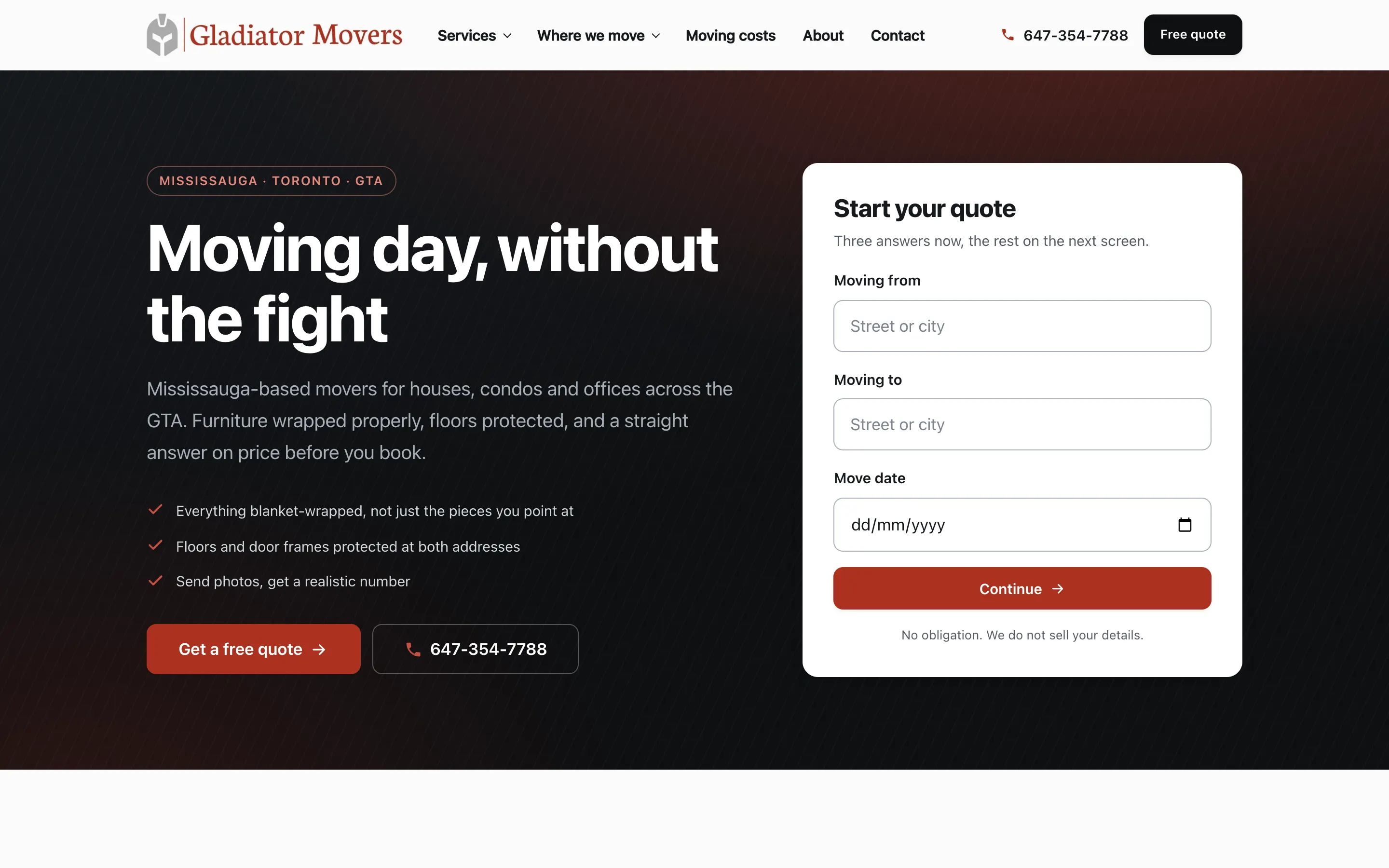 Desktop homepage of Gladiator Movers — Moving & Storage