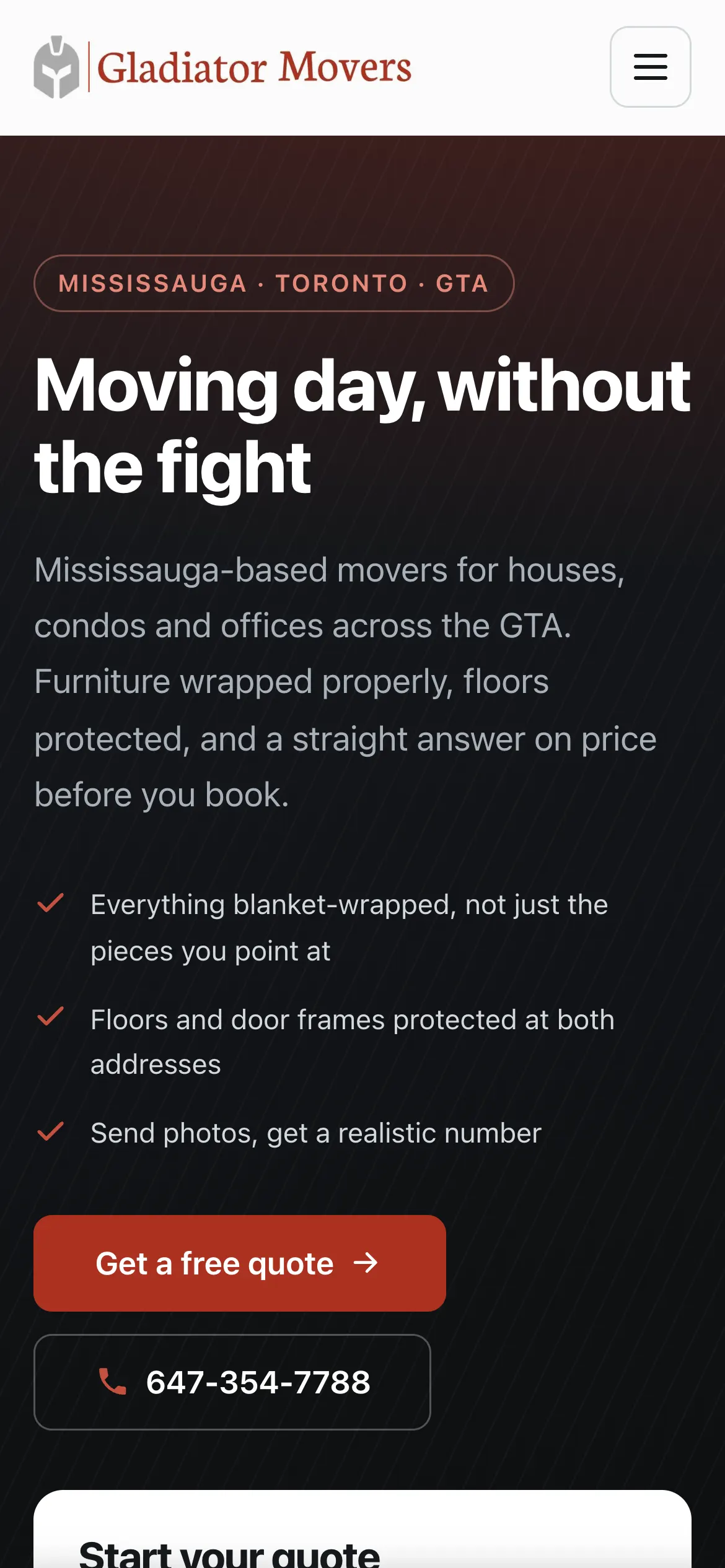 Mobile view of the Gladiator Movers website