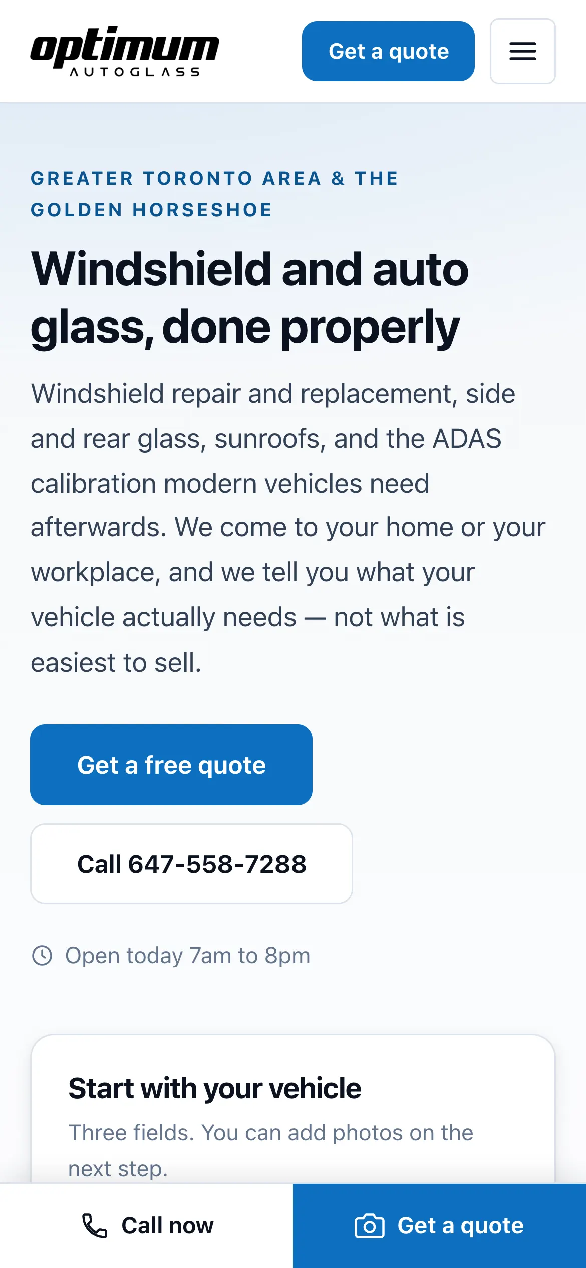 Mobile view of the Optimum Auto Glass website